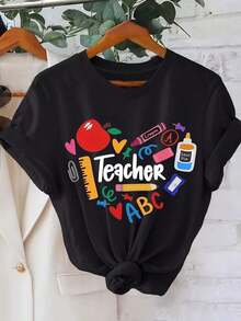 Camiseta de agradecimiento a maestras 2026 - Camiseta casual de manga corta con cuello redondo y diseño de corazón, estampado "TEACHER", perfecta para primavera y verano, camiseta de regalo para maestras. - Negro - Ver 7