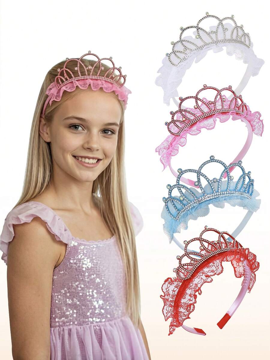 4pcs Princess Crown Headbands For Girls, Rhinestone Mesh Hair Bands For Girls, Suitable For Birthday Party, Ball - Multicolor - View 1