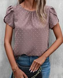Blusa con cuello redondo y lunares suizos, Top informal con manga de pétalo para primavera y verano, ropa de mujer - Rosa - Ver 2