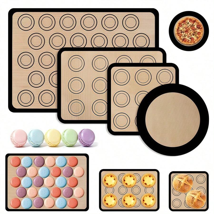 Bộ 4 tấm lót nướng bằng silicon, chống dính dùng cho bánh macaron, chịu nhiệt, có thể tái sử dụng, dùng cho bánh quy, pizza và bánh ngọt.