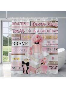 1/4pcs Pink Floral Pattern Bathroom Decor Set, Including Bathroom Curtain, Shower Curtain With Inspirational Quotes, Rug And Accessories, Girly Fragrance Bathroom Set - A - View 21