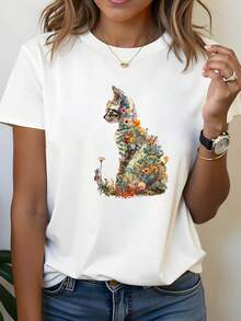 Floral gatito encantador naturaleza impresión gráfica camiseta, manga corta cuello de tripulación top casual para verano y primavera, ropa de mujer - Blanco - Ver 2
