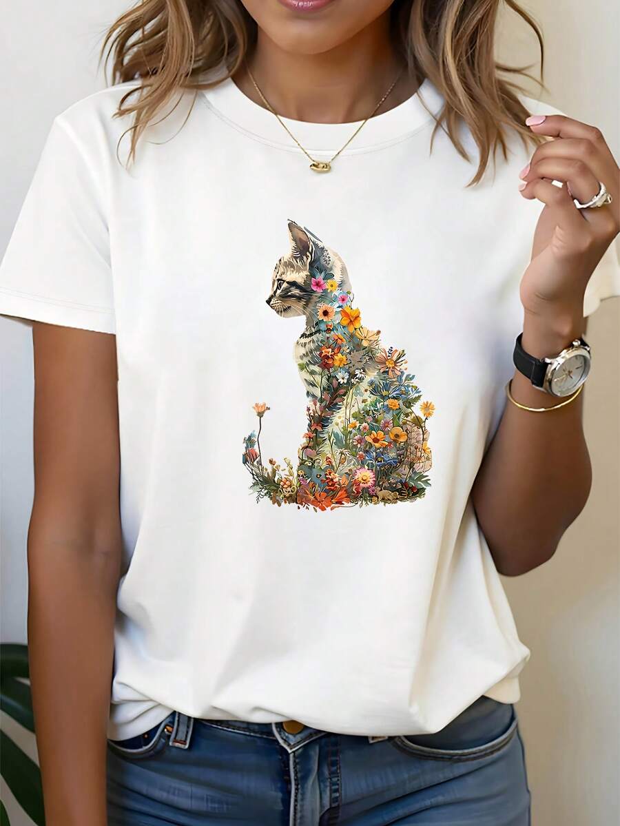 Floral gatito encantador naturaleza impresión gráfica camiseta, manga corta cuello de tripulación top casual para verano y primavera, ropa de mujer