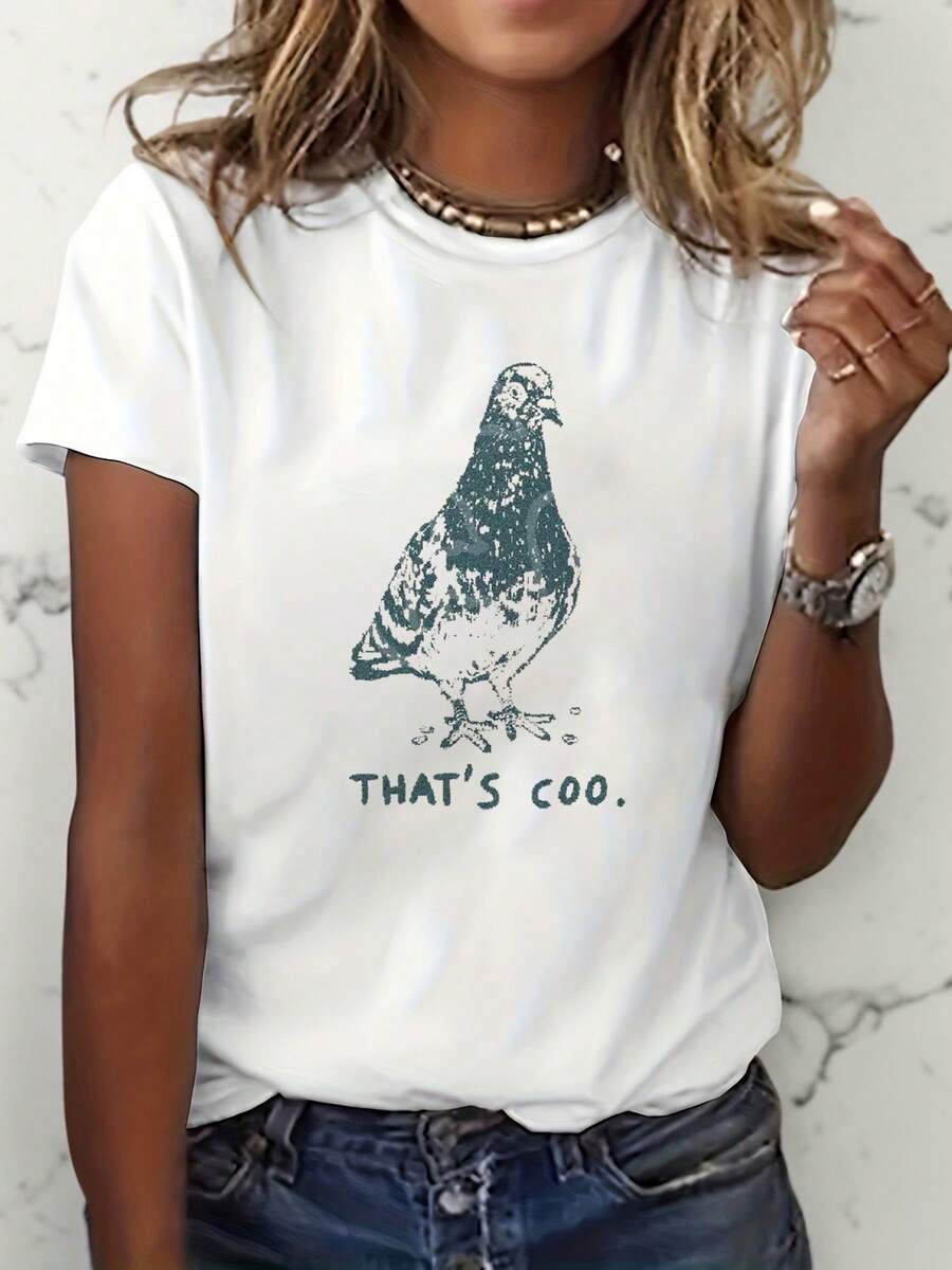 Women's Funny Dove 'That's Coo' Pun T-Shirt - Bird Lover Gift Suitable For Bird Watching And Casual Wear, Casual Short Sleeve Crew Neck With Dove, Machine Washable Summer Clothes - 白色 - 查看 1