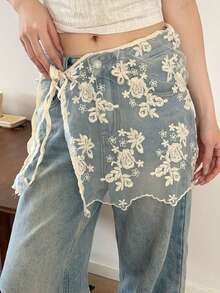 1pc French Rose Embroidered Mesh Apron, Soft Tie-Up Asymmetrical Layered Waist Chain - Multicolor - View 6