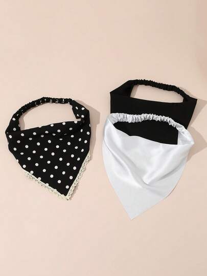 NAIZHU 3pcs Minimalist Polka Dot & Solid Color Triangle Scarf Headband Set, Elegant Accessories For Girls Daily & Party