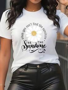 Women's Short Sleeve T-Shirt With Daisy Print And "Be The Sunshine" Slogan - Black And White Crew Neck Top, Breathable All-Season Wear, Positive Message T-Shirt For Summer Outfits, Parties, Everyday Wear - Multiple Color Options Available - 白色 - 查看 1