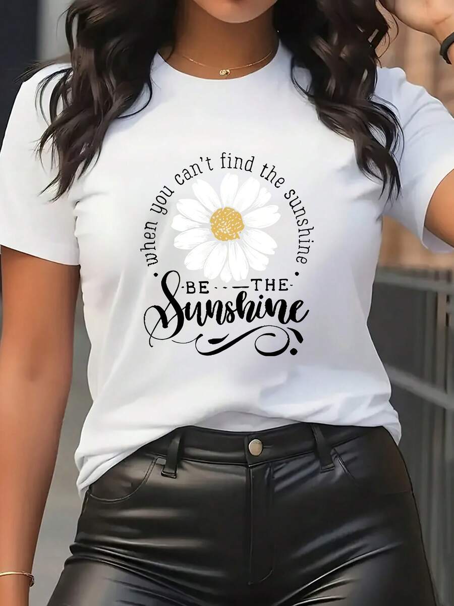 Women's Short Sleeve T-Shirt With Daisy Print And "Be The Sunshine" Slogan - Black And White Crew Neck Top, Breathable All-Season Wear, Positive Message T-Shirt For Summer Outfits, Parties, Everyday Wear - Multiple Color Options Available - 白色 - 查看 1