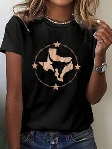 Longhorn Steer en forma de camiseta con impresión de Texas, manga corta cuello de tripulación Top casual para verano y primavera, ropa de mujer - Negro - Ver 2