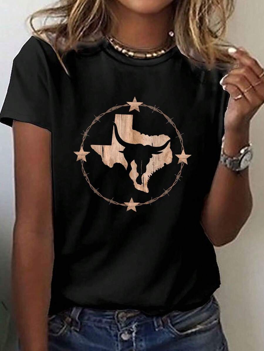 Longhorn Steer en forma de camiseta con impresión de Texas, manga corta cuello de tripulación Top casual para verano y primavera, ropa de mujer