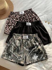 Set de 3 shorts casuales con estampado de lunares, estampado de leopardo claro y estampado de leopardo marrón oscuro, de tela tejida, adecuados para uso diario, set de shorts con estampado de camuflaje, adecuados para el uso diario, citas, fiestas, otoño/invierno/verano, Navidad, Año Nuevo, Acción de Gracias, fiestas, bodas, playa, ceremonias de graduación, moda, elegante, casual, salidas, citas, reservas, viajes, brillante, Día de San Valentín, elegante, vacaciones, casual, Y2K, salidas, ceremonias de graduación y otras ocasiones. - Multicolor 4 - Ver 4