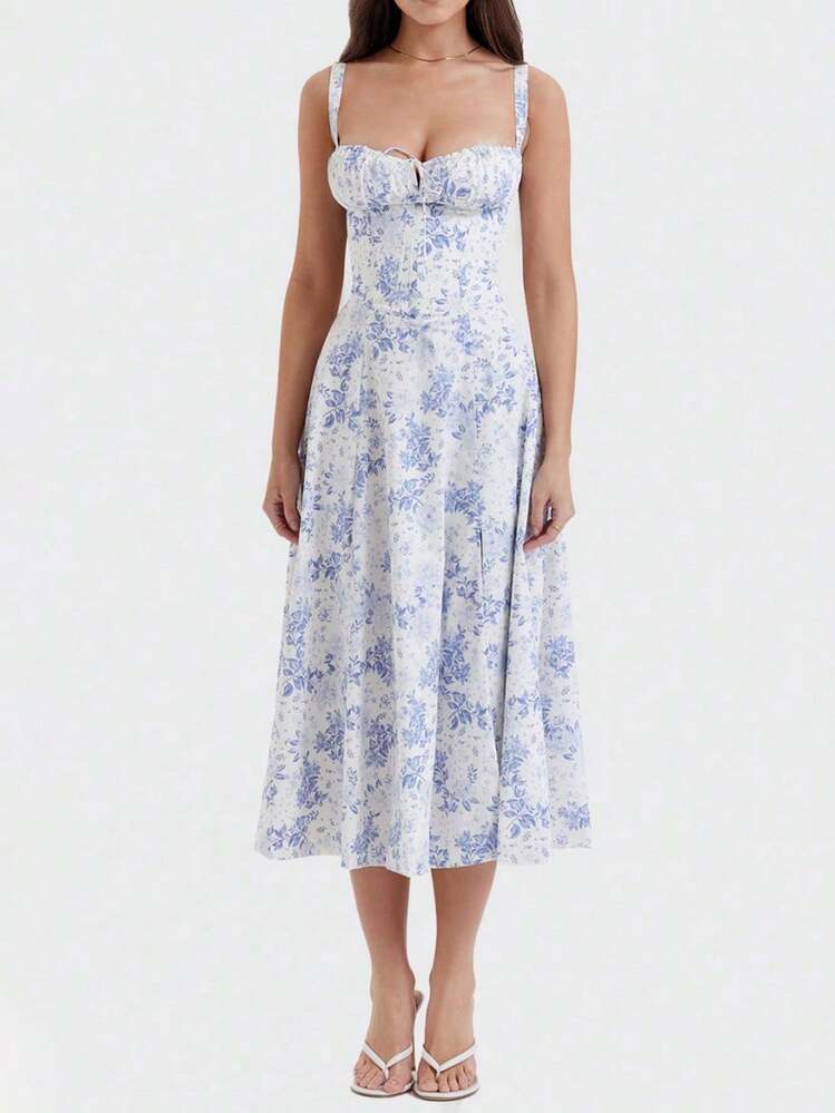 2026 Spring New Women's Clothing: Cross-Border European And American Dress, Elegant Floral Print Long Dress With Slit And Tie - 白底藍印花 - 查看 11