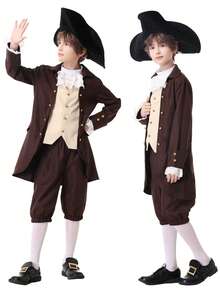 6pcs/Set Children's Franklin Costume Washington Costume Cosplay 18th Century Colonial Costume Party Dress-Up Set - Brown - View 2
