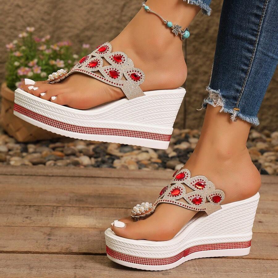 Sandal đế xuồng quai ngang kiểu Bohemian mùa hè dành cho nữ, nhiều màu sắc, đính đá, thoải mái, nhẹ, thích hợp cho du lịch.
