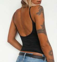 Women's Tank Top With Thin Straps, Y2K Polyamide, 2-In-1 With Appliqués, For The Beach. - Black - View 2