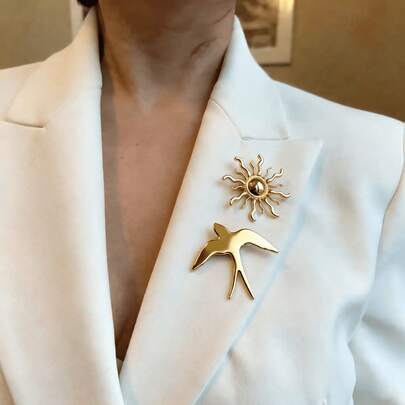 2 juegos de broches con forma de sol y pájaro, adecuados para la ropa de mujer - joyería independiente, adoptando un diseño de pájaro brillante y minimalista, muy adecuado para el uso diario y ocasiones de oficina