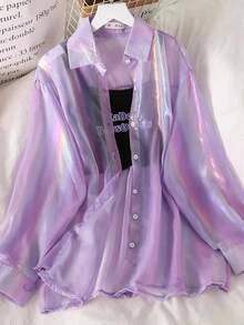 JMPRS-Tops holgados de arcoíris para mujer, camisas Harajuku, blusa de tul brillante, moda coreana de manga larga, Tops bonitos para playa de verano para mujer - Morado - Ver 4