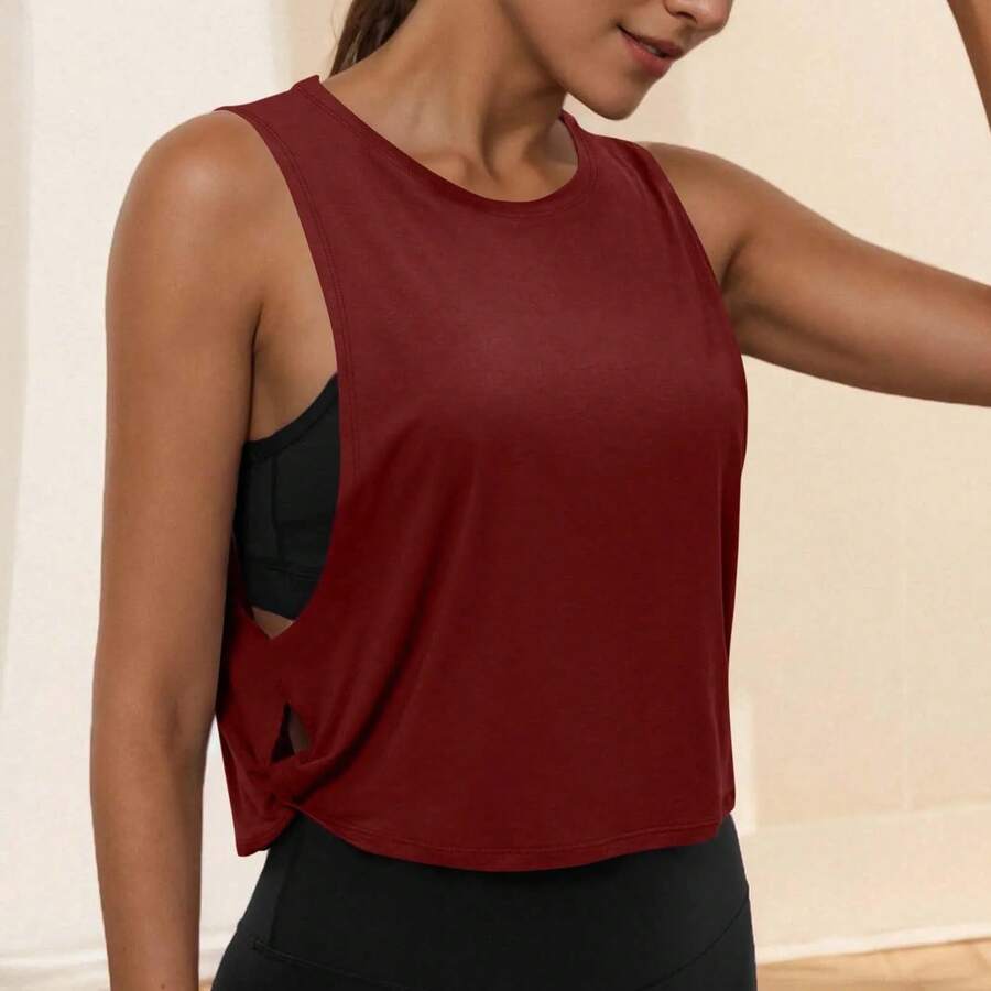Ropa de Yoga con cuello redondo para mujer, chaleco atlético sin mangas, Top informal, Top corto ligero y holgado de Color puro - Vino - Ver 1