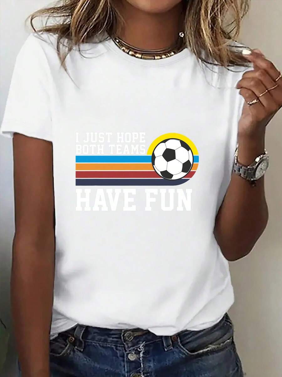Camiseta de mujer de una pieza con cuello redondo y estampado, Colección de ropa EE. UU.-México-Canadá. Camiseta de moda para mujer con cuello redondo, rayas de arcoíris, estampado de eslogan divertido de fútbol y top de estilo vintage para ropa de calle. Ropa para aficionadas al fútbol, ropa de