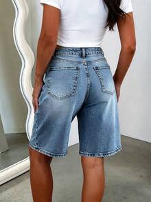 Classic Casual Boyfriend Style Denim Knee Length Shorts For Men, With Pockets, Buttons And Zipper, Straight Leg, Non-Stretch Fabric Summer - Medium Wash - View 7