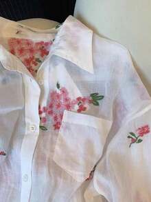 Camisa de mujer de manga larga con botones, de estilo casual y romántico, con bordado floral - Blanco 2 - Ver 5