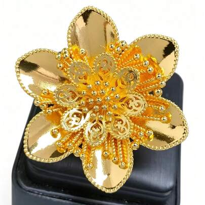 1pc Fashionable Women's Gold-Plated Copper Flower Ring, Suitable For Finger, Ideal For American, British, French, Middle Eastern, Dubai, African, , Saudi Arabian Brides, Weddings, Parties, Mother's Day, Valentine's Day, Easter, Weddings, Birthdays, Holidays, Daily Wear