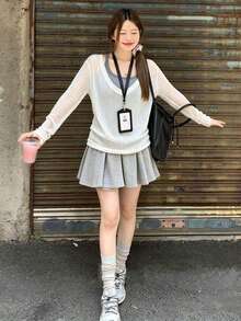 [Y6Y]女款灰色掛脖背心與米色半透長袖上衣2件套，秋季休閒運動通勤穿搭 - 灰色 - 查看 5
