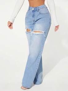 Single Button Cut Out Ripped Frayed Wide Leg Jeans QNWC - Light Wash 2 - View 7