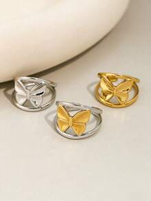 Uself 3 pezzi/1 pezzo Anelli in acciaio inossidabile con design a farfalla, placcati in oro 18K, gioielli di alta qualità e impermeabili, adatti per uso quotidiano, vacanze, spiaggia e altre occasioni, gioielleria occidentale, gioielli da donna, marchio per donne, anelli da donna - Multicolore - Visualizzare 4
