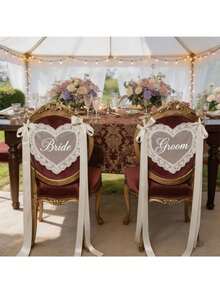 2pcs Lace Bride/Groom Or Married/Newlywed Chair Back Decoration Set, Elegant Transparent Lace Chair Covers With Ribbon, Suitable For Groom And Bride, Newlywed Chair Decor, Suitable For Wedding Ceremony Reception, Proposal Anniversary Party Decoration - View 2