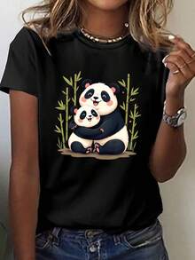 Camiseta con encanto con pandas y bambú, perfecta para el uso casual en primavera y verano, diseñada para mujeres - Negro - Ver 2