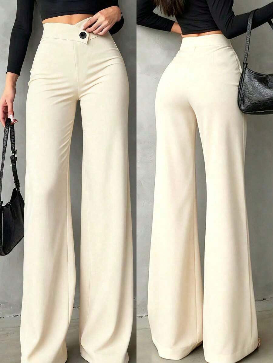 Pantalones rectos negros sólidos, casuales y elegantes para mujer.La línea de cintura asimétrica en forma de V acentúa las curvas, adecuados para uso diario, oficina, citas y vacaciones de primavera - Albaricoque - Ver 1