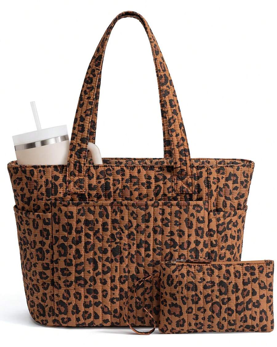 Puffer Tote Bag For Women, Quilted Cotton Laptop Work Tote Shoulder Bag For College School, Teacher, Nurse, Travel | Top Full-Zip Closure, Lightweight, Puffy, With Cosmetic Bag, 40 OZ Tumbler Holder, 14" Computer Bag, Ideal Gift For Women, Leopard - Beo - Xem 1