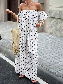 Look Polly 女士夏季弹力单肩设计上衣，波点面料性感休闲宽松两件套，适合度假、海滩、旅行、生日等场合。 - 白色 - 查看 10