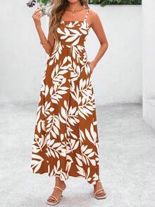 SXPRETTYGARDEN Women Summer Maxi Dresses 2026 Spaghetti Strap Boho Floral Striped Wedding Guest Beach Vacation Flowy Long Dress - Lá chuyển sang màu nâu - Xem 3
