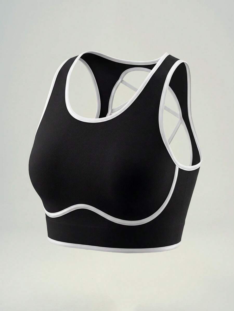 UONNOU Áo bra thể thao dây chéo phía sau viền tương phản, áo croptop thể thao khoét rỗng, bộ sưu tập Xuân/Hè. - màu đen - Xem 1