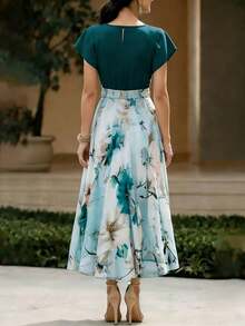 Plus Size Floral Print Bow Decor Waist-Defining Slimming Dress Bow Vacation Holiday Formal Dinner Spring Summer Autumn Elegant - Green - View 2
