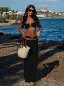 Nuevo conjunto de bikini con falda de cobertura para mujer, decoración de sol de metal, sexy, para verano y playa, color negro - Negro - Ver 7