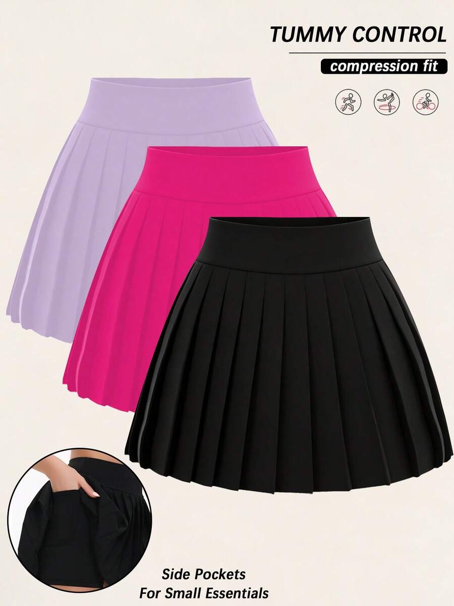 3-Piece Women's Solid Color Pleated Skirt Mini Skirt High Waisted Women's Sports Skirt With Pockets For High Elasticity, Comfortable Riding, Running, Training Shorts, Moisture Wicking - Multicolor - View 1
