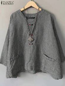 ZANZEA-Blusa holgada informal para mujer, camisa de cuello redondo con estampado a cuadros, Tops de manga 3/4 con bolsillo, Blusas simples Harajuku - Negro - Ver 1