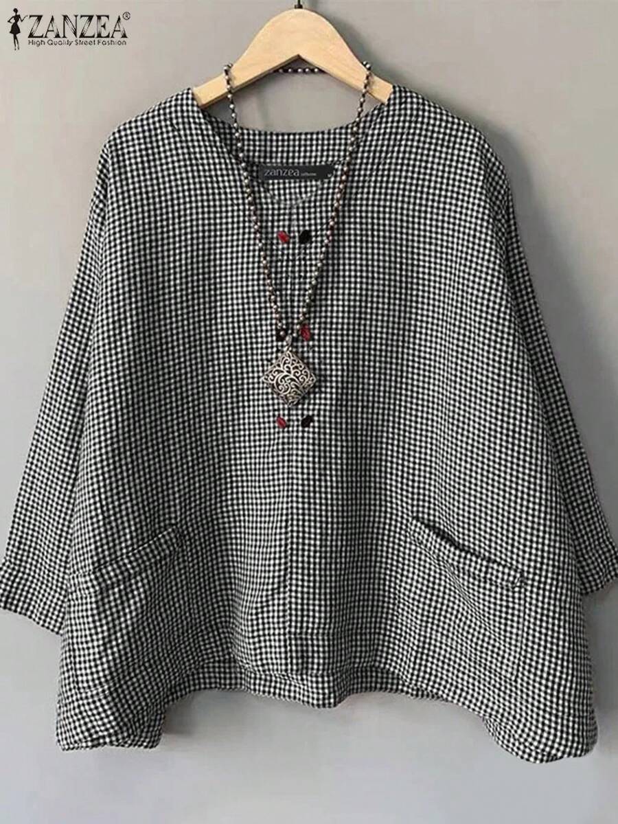 ZANZEA-Blusa holgada informal para mujer, camisa de cuello redondo con estampado a cuadros, Tops de manga 3/4 con bolsillo, Blusas simples Harajuku - Negro - Ver 1