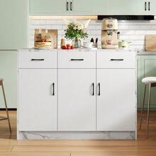 Gran isla de cocina de 120 x 60 x 90,5 cm, 3 cajones y 3 puertas, diseño en mármol blanco, estantes ajustables, cajones silenciosos, diseño con barra. Utensilios de cocina elegantes y prácticos. - Blanco, mármol blanco - Ver 3