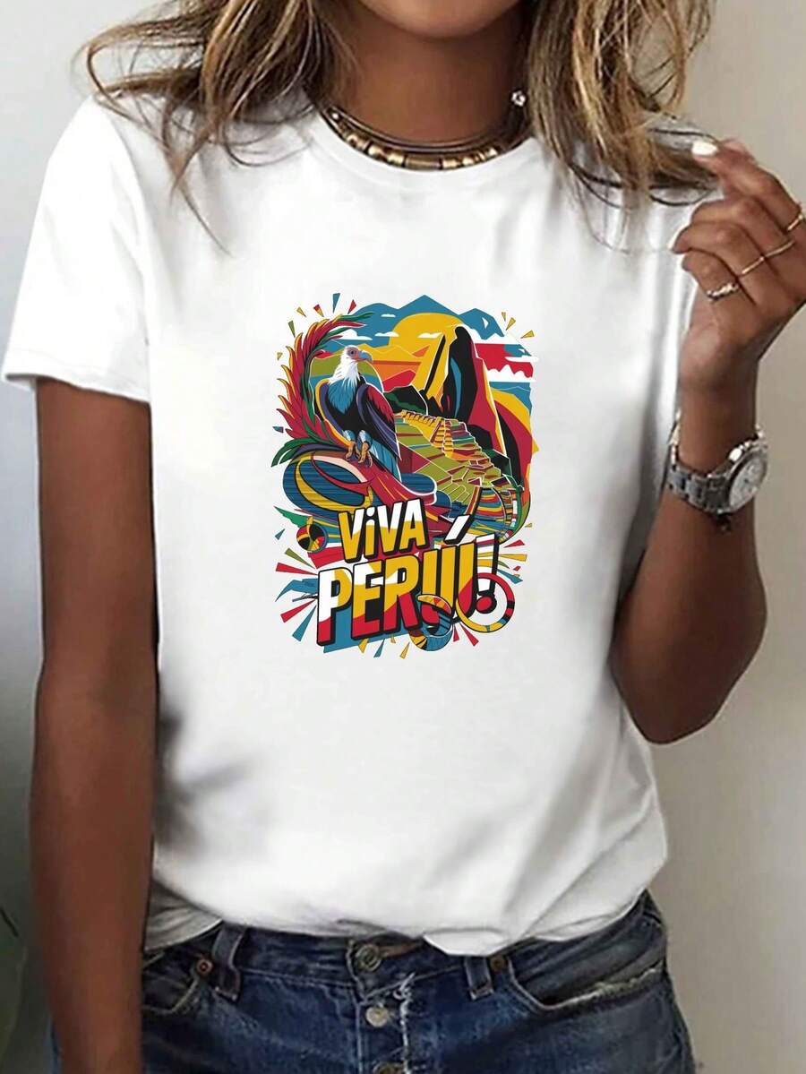 Condor Machu Picchu Long Live Perú Imprimir camiseta, manga corta cuello de tripulación top casual para verano y primavera, ropa de mujer