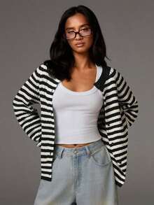 Cárdigan ligero a rayas para mujer, estilo casual para ir al trabajo, cárdigan a rayas para mujer, cárdigan de verano, cárdigan verde azulado, cárdigan blanco para otoño/invierno. - Blanco y Negro - Ver 4
