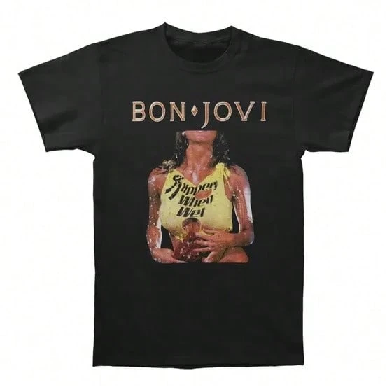 Women's Casual Printed Crew Neck Short-Sleeved T-Shirt, Bon Jovi Slip-On T-Shirt, Bon Jovi Shirt Fan Gift, Bon Jovi Retro Shirt, Bon Jovi Rock Shirt, Bon Jovi Band Shirt, 90s Retro 100% Cotton 1-Pack 180g Teen Girl Shirt, Teen Girl Clothing, Teen Tops, Children's Girls Clothing, Children's Christmas Gift, New Year's Gift, Birthday Gift. - Black 4 - View 1