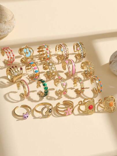 4/6/12/16 Stück Edelstahl 18K Goldplattiert gemischtes Muster Ringe Set, hochwertige Harz Einlage, verschiedene Formen, verstellbare Größe, geeignet für Frauen Alltagsdekoration oder als Geschenk