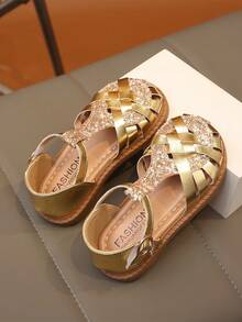 1 Pair Girls' Summer Sequin Sandals, Hollow Toe With Rhinestone Decor, Soft Wear-Resistant PU Material, Non-Slip Soft Sole Toe Protection, T-Strap Strap Toe Design, Flat Heel Sweet Princess Style Sandals, Suitable For Daily Wear, Outing, Street, Birthday, Children's Day And Other Occasions - Gold - View 7