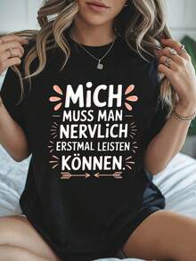 Mich Muss Hombre Nervlich Erstmal Leisten Konnen Carta imprimir camiseta, manga corta cuello de tripulación top casual para verano y primavera, ropa de mujer - Negro - Ver 2