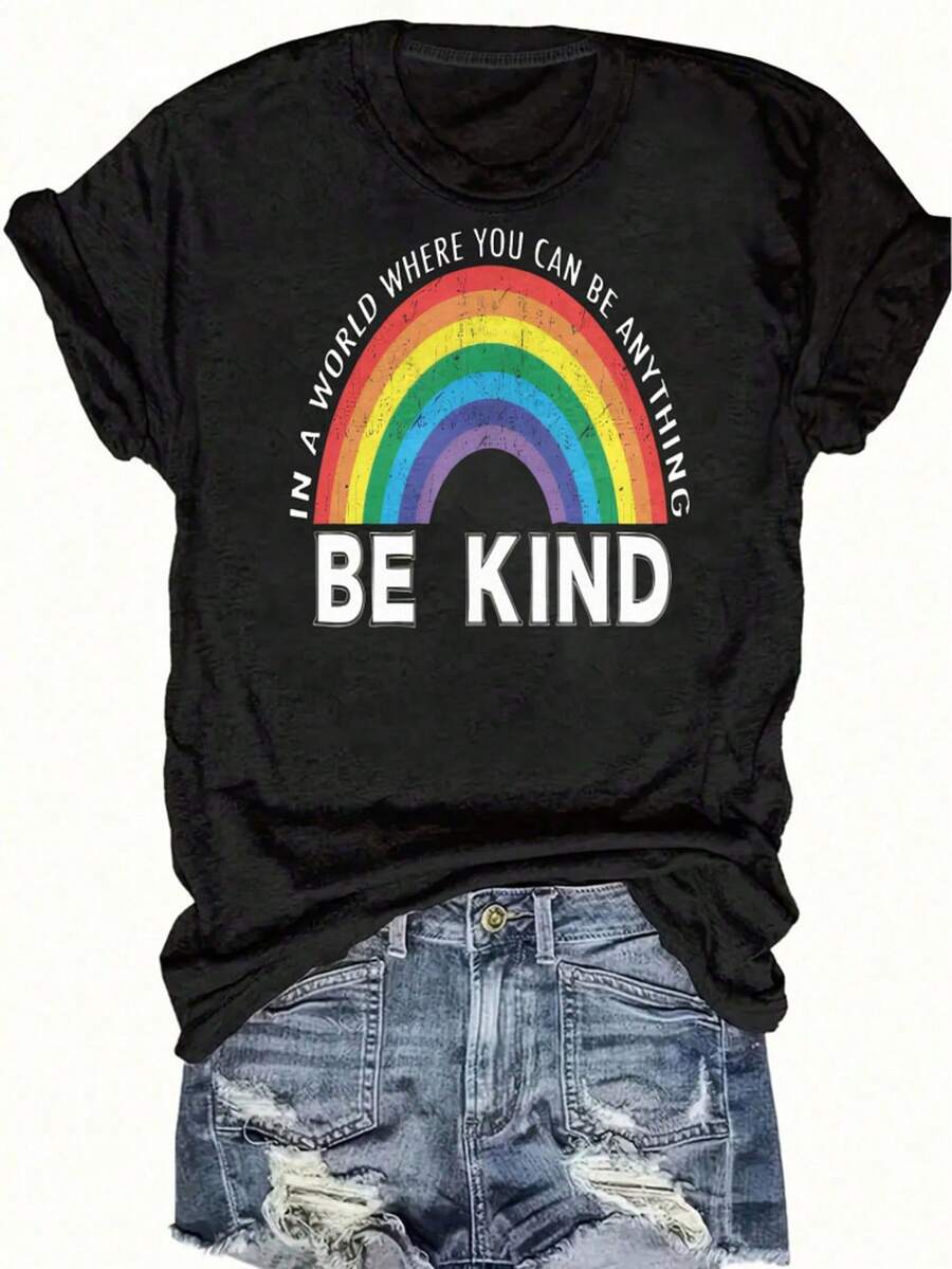 Women's Reading Rainbow Graphic Tee With Book Design Tee, Soft, Heavyweight, Fitted Fit, Print, Graphic, Design, Book, Rainbow Print, For Casual - 黑色-4 - 查看 1