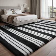 Sour Lemon Fluffy Area Rug Thick & Shaggy Carpet For Living Room & Bedroom Floor, Home Decor Anti-Slip Soft Carpet Floor Mat - Black & white stripes - 查看 9